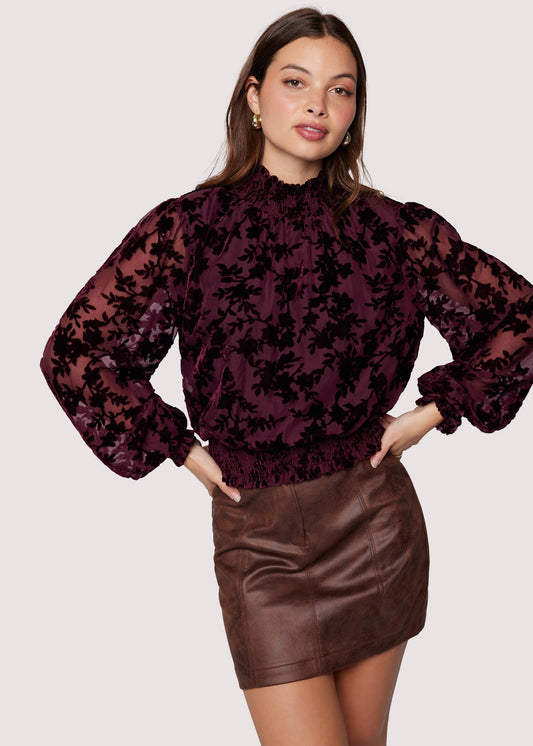 Mauve Spell Top - Burnout Velvet Floral Smocked Neck Plum