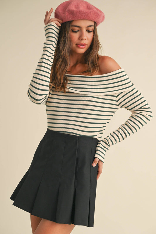 STRIPE PATTERN RIB OFF SHOULDER TOP